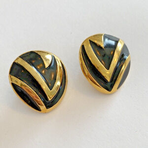Vintage Pierced Earring Boss Lady Gold & Black Enamel Chunky Mod Runway Chic